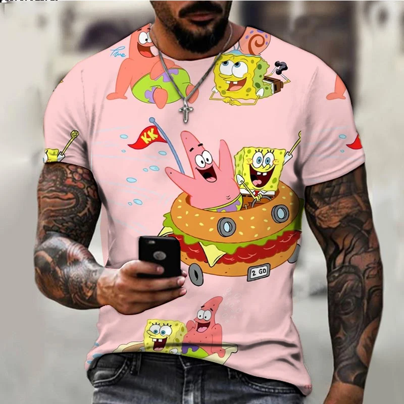 Summer New Cute SpongeBob Cartoon Print Youth Harajuku Casual T-Shirt 2024 Street Trend Versatile Men\'s Round Neck T-Shirt