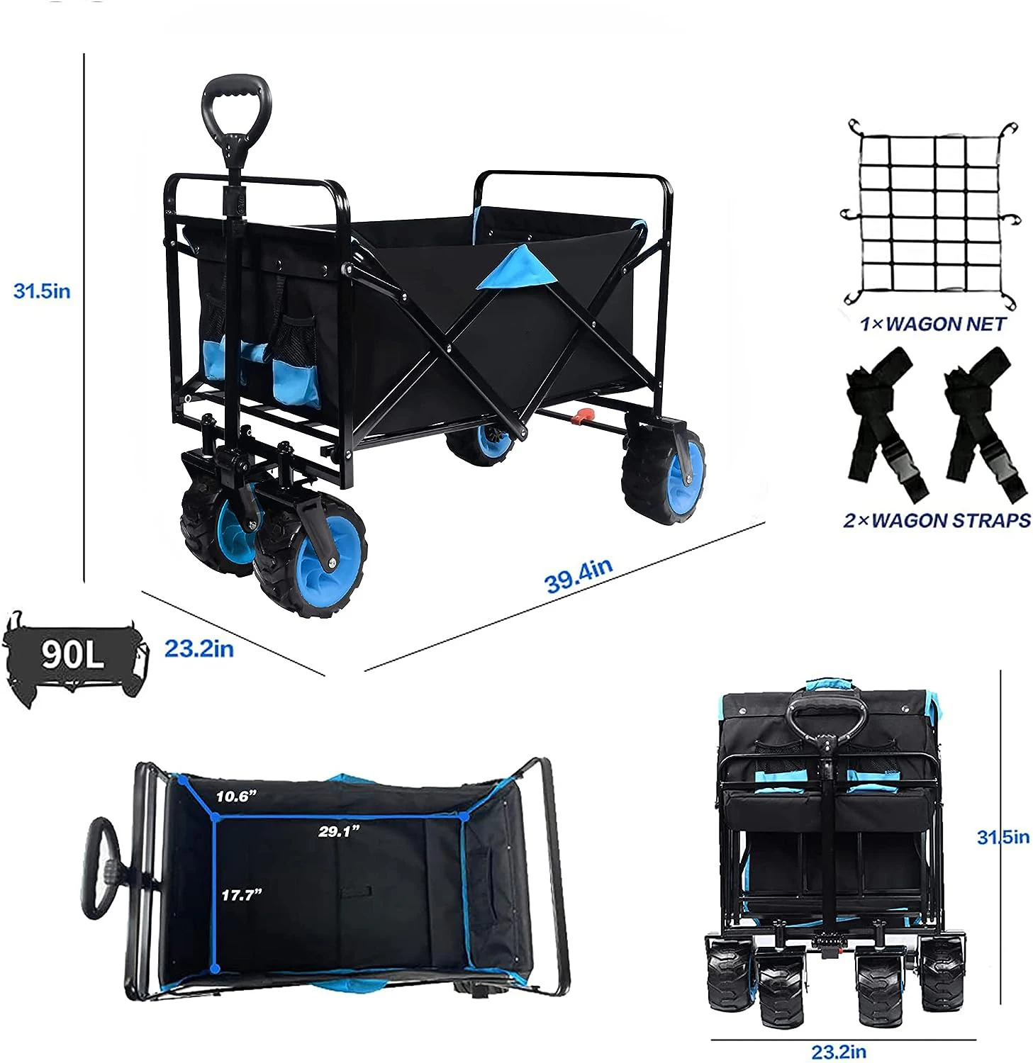 Collapsible Heavy Duty Beach Wagon Cart Outdoor Folding Utility Camping Garden Beach Cart W/Universal Wheels Adjustable Handle