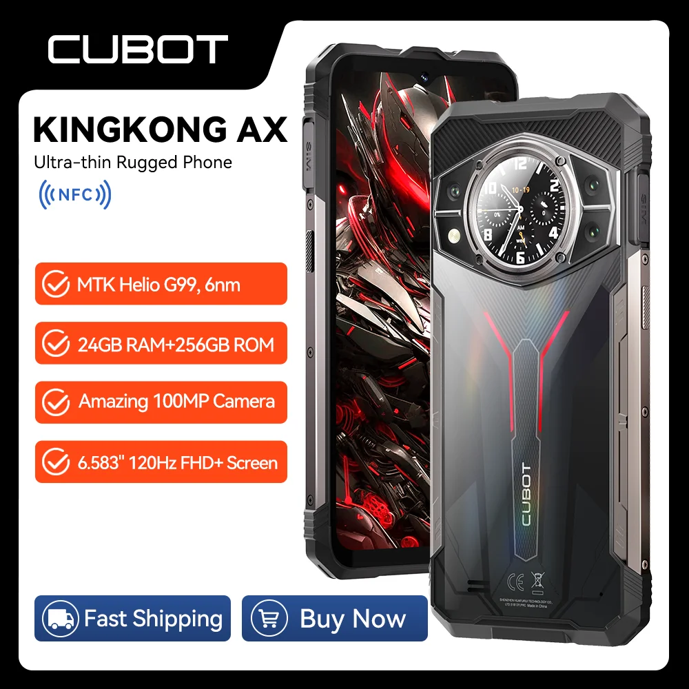 Cubot KINGKONG AX, ultradunne robuuste smartphone Android 14, Helio G99, Octa-core, 24 GB RAM (12 GB + 12 GB uitgebreid), 256 GB ROM, 6,583 "FHD+ scherm, 120 Hz, Dubbel scherm, 100MP camera, NFC, 4G telefoon, OTG Phone