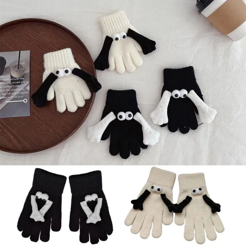 

Cartoon One-piece GlovesMagnetic Knitted Holding GlovesElastic Slip-on Funny Big Eyes Full Finger Winter Gloves