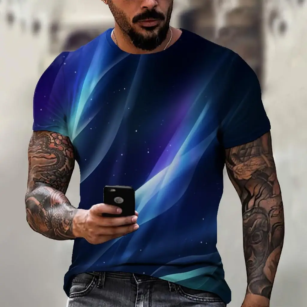 Men's Spring Summer 3D Printed Crew Neck T-Shirt, Dark Blue Aurora Starry Sky Stream Gradient Print Casual Travel Daily Tee