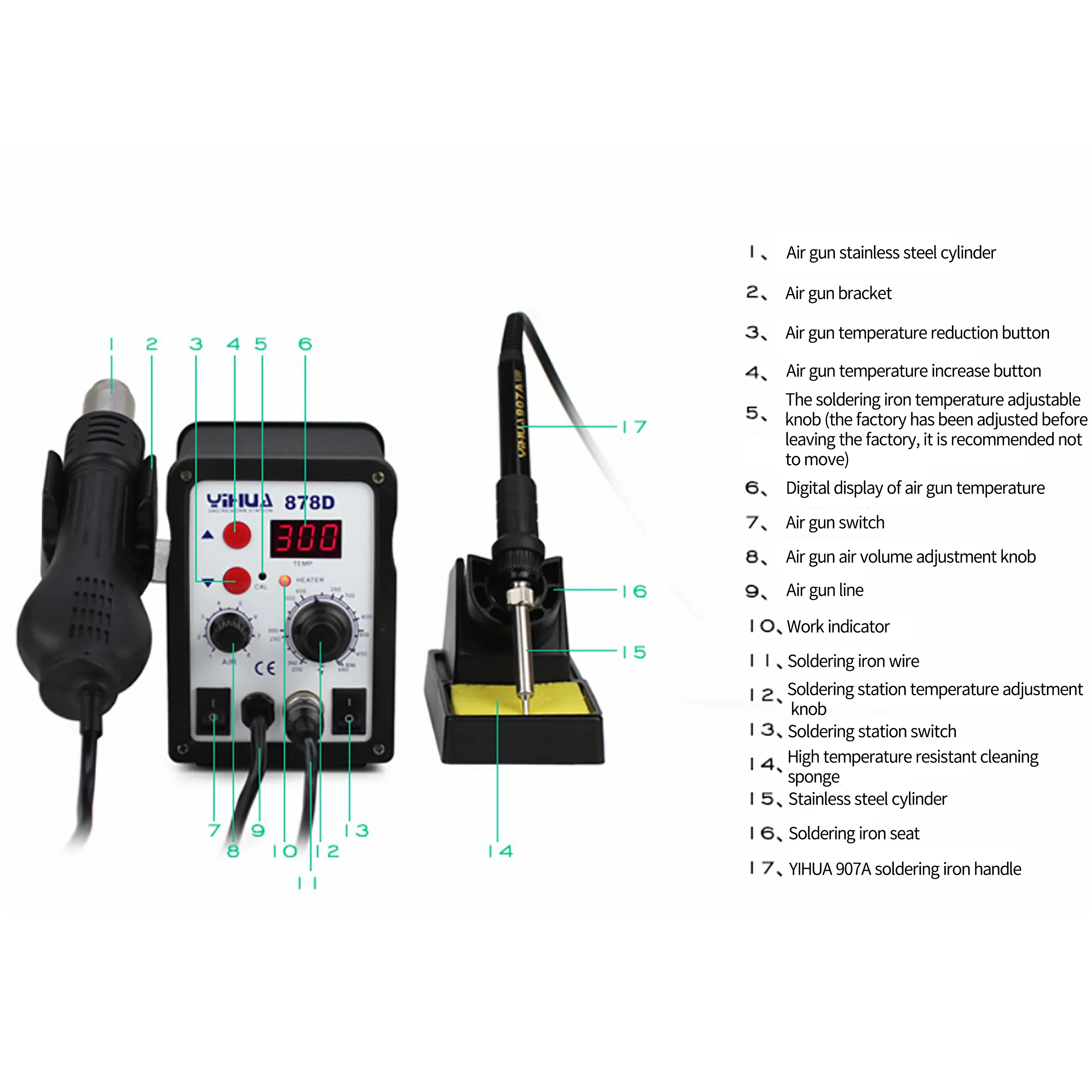 

Professional YIHUA 878D Hot Air Gun & Soldering Station, 700W, Adjustable Temp/Airflow, Digital Display