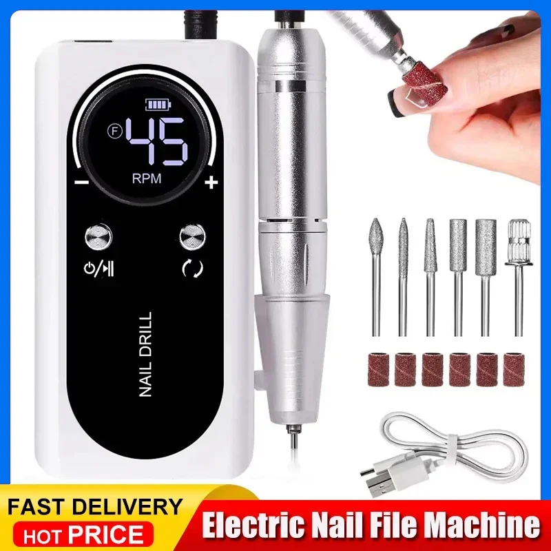

Professional 45000RPM Electric Portable Nail Drill Machine Rechargeable Low Nail Sander Noise File for Manicure Salon Tool