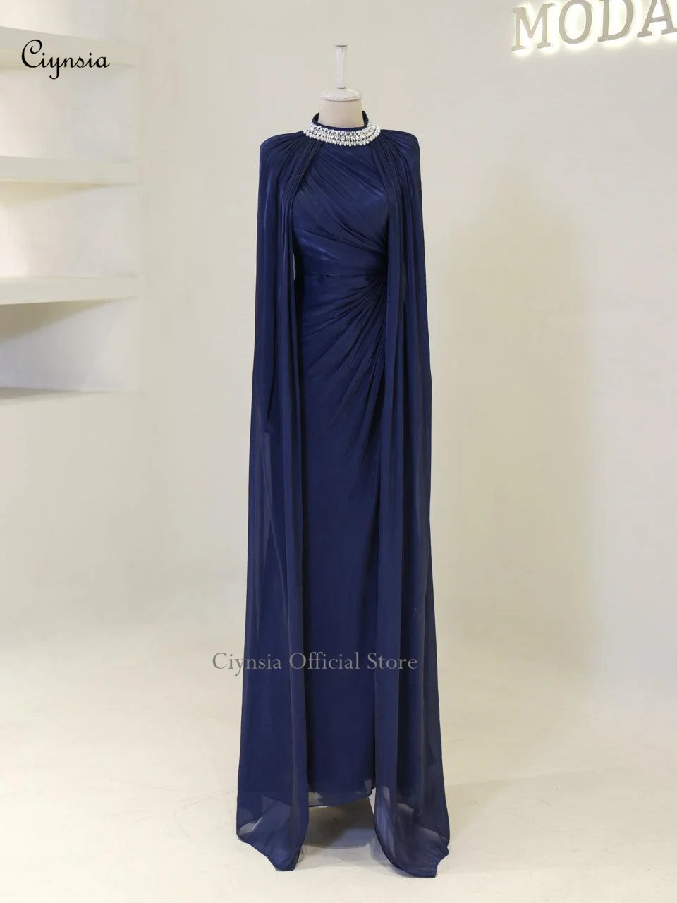 시인시아 이슬람 무슬림 이브닝 드레스 여성 우아한 비즈 크리스탈 넥 롱 슬리브 정장 드레스 베스티도스 데 갈라