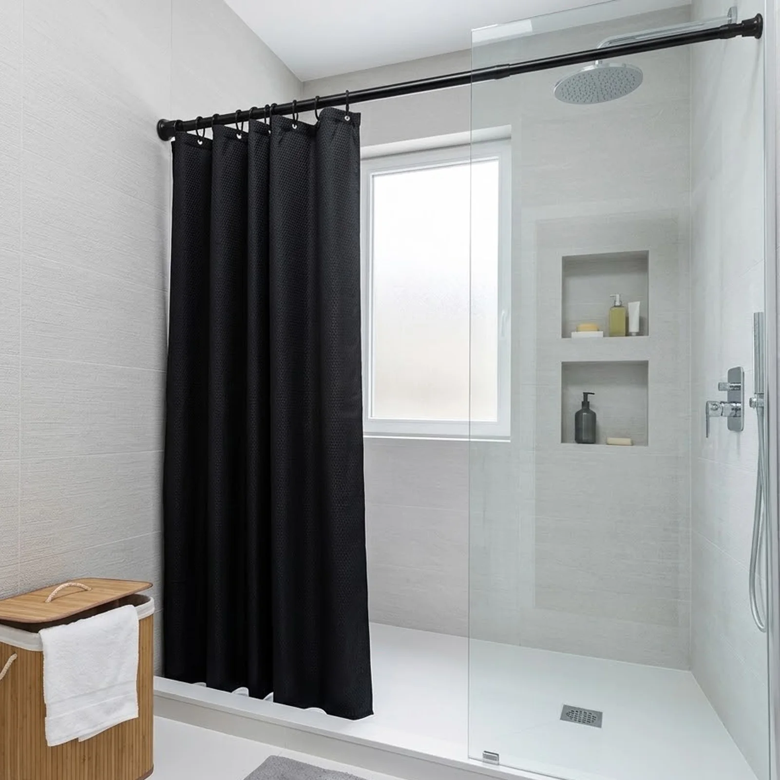 

White Painted Retractable Shower Curtain-Rod No Drilling Required For Bathroom Dry Wet Separation