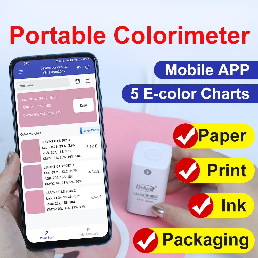 مقياس الألوان لطلاء مدقق الألوان Colorchecker المحمولة الرقمية تطبيق الهاتف المحمول Pantone Ncs Ral Cmyk 45 ° /0 ° أرخص حار بيع LS170