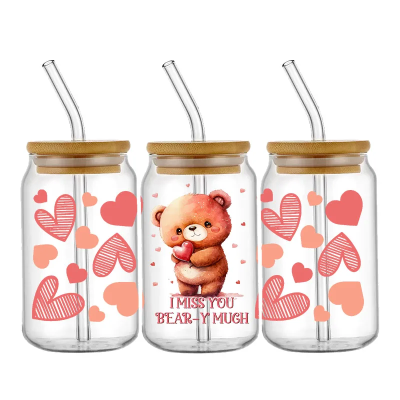 Valentine's Day 16oz Custom UV DTF Cup Wraps Transfers 16oz Glass Cup No Heat Needed Waterproof love Designs