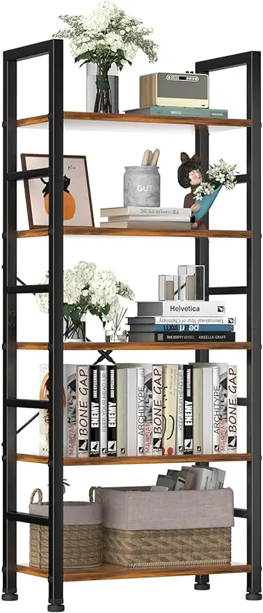 5 Tiers Bookshelf, Tall Bookcase Storage Shelves Organizer, Classically Modern Book Shelf for CDs/Movies/Books, Industrial