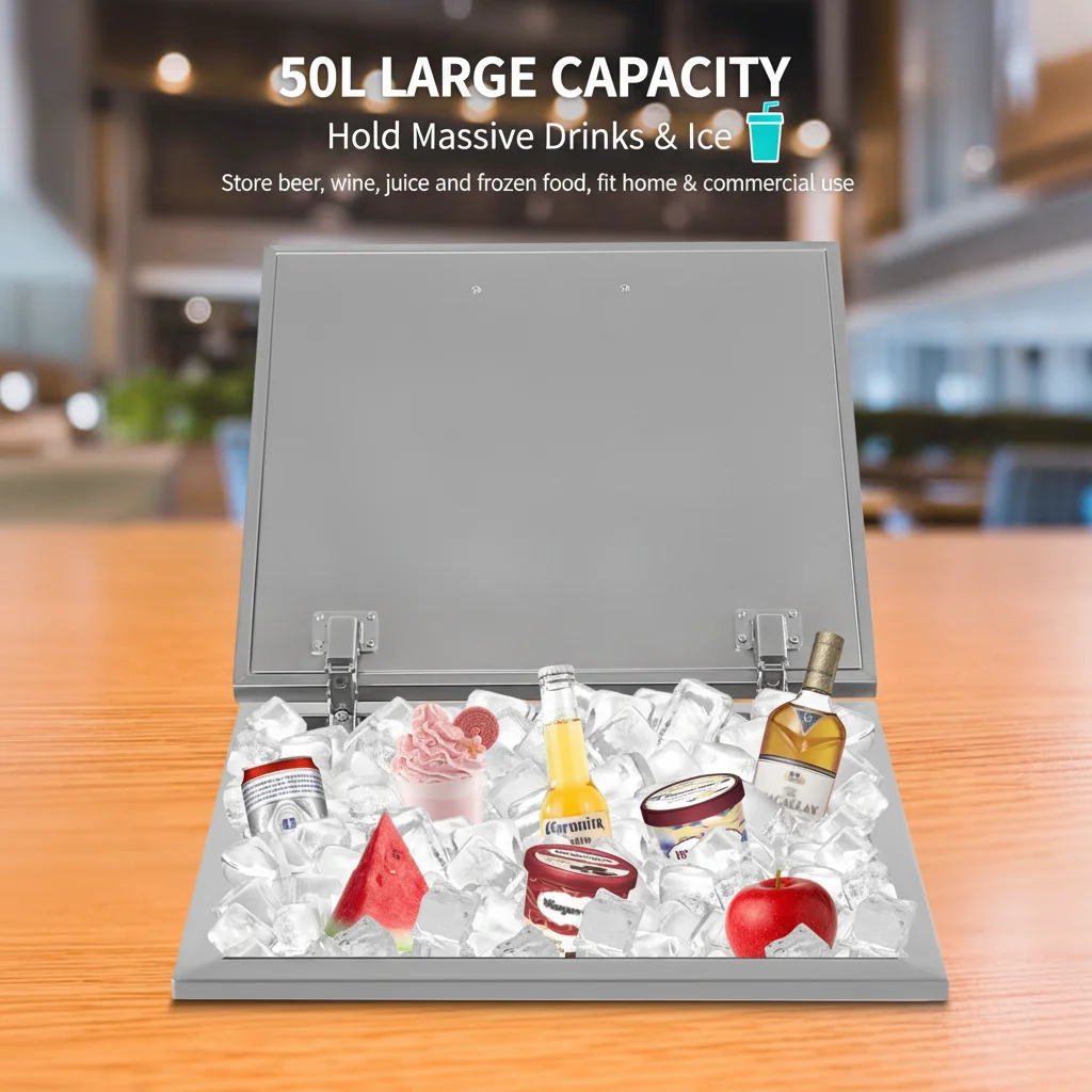50L Drop-In 304 Stainless Steel Ice Chest Cooler, Double Wall Insulated Beverage Chiller with Drain Hose for Outdoor Bar Kitchen Party