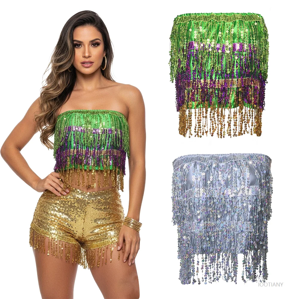 

Carnival Women's Strapless Tassel Sequined Glitter Belly Dance Top Adult Role Play Short Fit Sexy Nightclub Party Top Bandeau