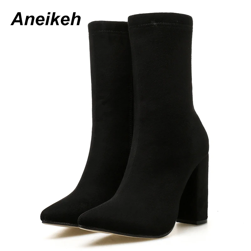 Aneikeh Black Faux Suede Square Heels Mid-Calf Women Pumps Boots Spring Fashion Pointed Toe ZIP Sexy Solid Party Size 35-42