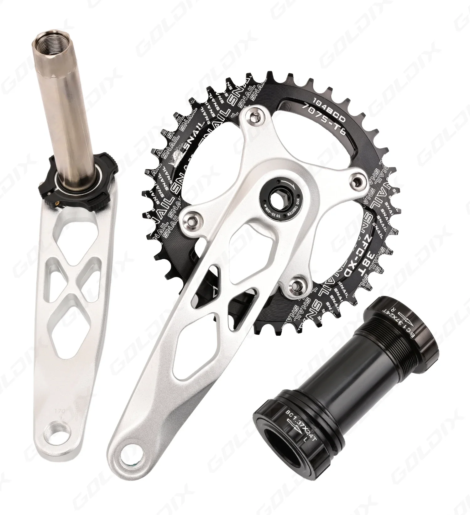 GOLDIX Hochfeste Fahrradkurbelgarnitur aus geschmiedeter Aluminiumlegierung, 104BCD, schmal-breites Kettenblatt, 170 mm Länge, für Mountainbikes. – Detail 11