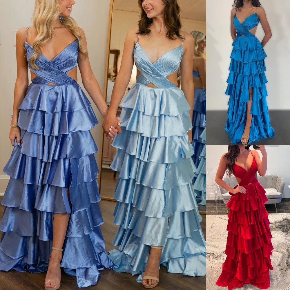 Periwinkle Prom Dress High Slit Cut-Out Tiered Ruffled Long Winter Formal Evening Party Gown Special Occasion Pageant Gala Oscar