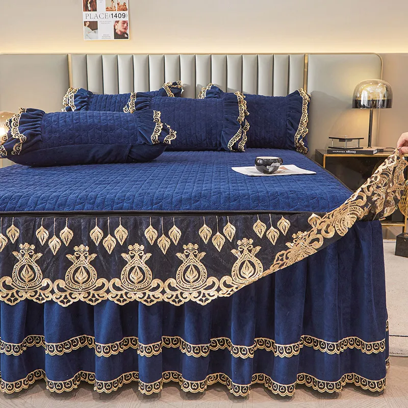 Dark Blue Luxury Lace Winter Bedspread Thick Home Bed Skirt-style Bed Sheets Embroidery Cotton European-style Bed Spreads