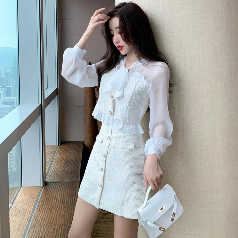 Runway Spring Kawaii 2 Piece Set Women Korean Fashion Patchwork Party Mini Skirt Suit Female Long Sleeve Bow Designer Skirt Sets