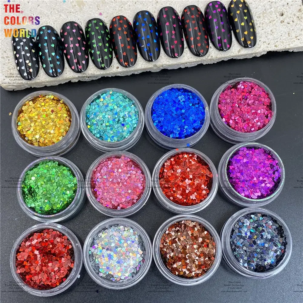 TCT-889 holográfica con purpurina de corazón para uñas, Paillettes de tamaño de 1MM para el cabello, dijes de esmalte de belleza, decoraciones de