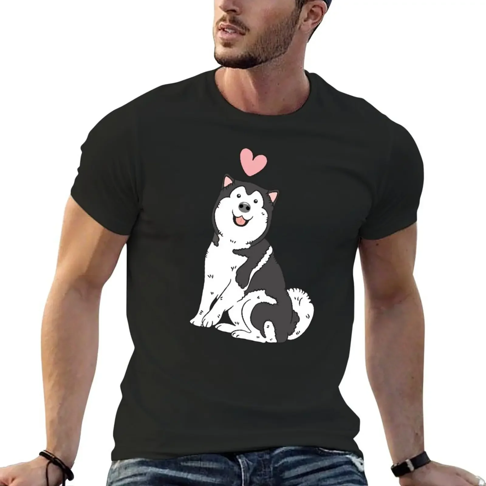 LOVE Black and White Alaskan Malamute T-Shirt hippie clothes oversizeds Short sleeve tee cotton graphic tees mens fashion