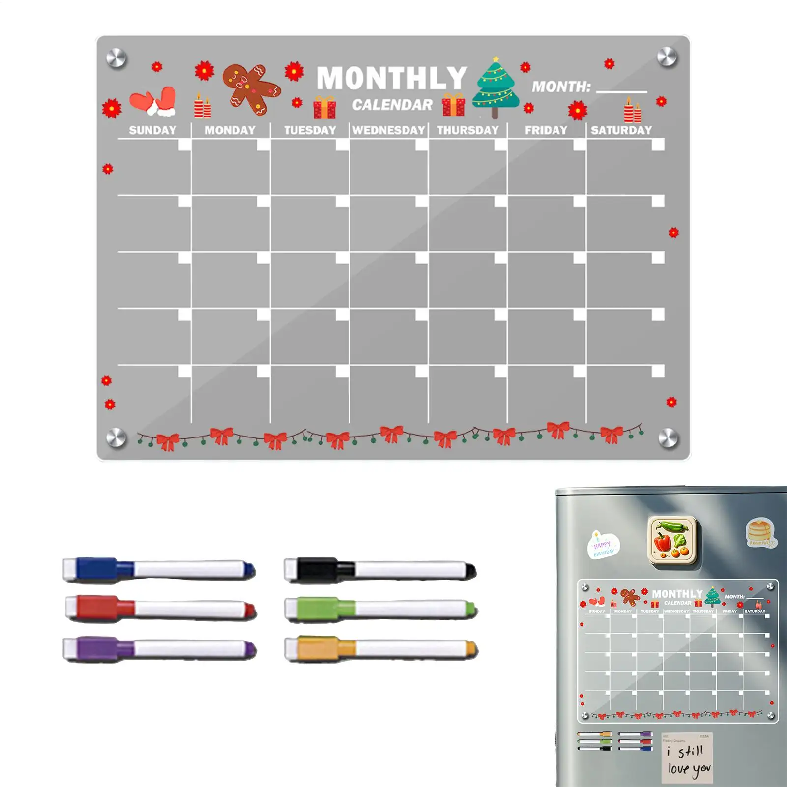 Christmas Theme Month Plan Message Board Magnetic Dry Erase Board Writable With 6 Marker Pens Acrylic Magnetic Monthly Planner