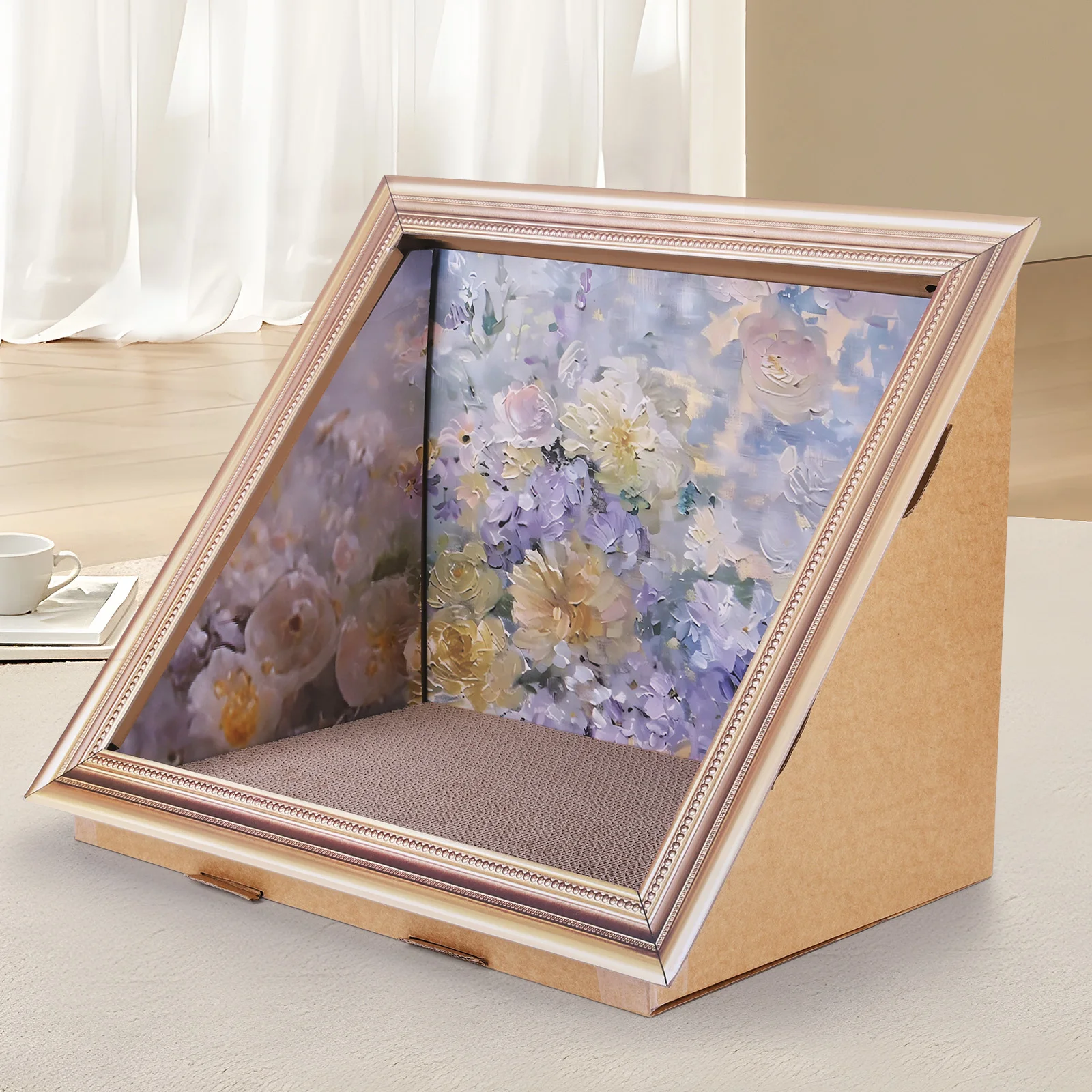 

3D Oil Painting Cat Claw Board Wear Resist Triangular Cat Bed Cardboard Photo Frame Cat Bed for Living Room Bedroom Decor