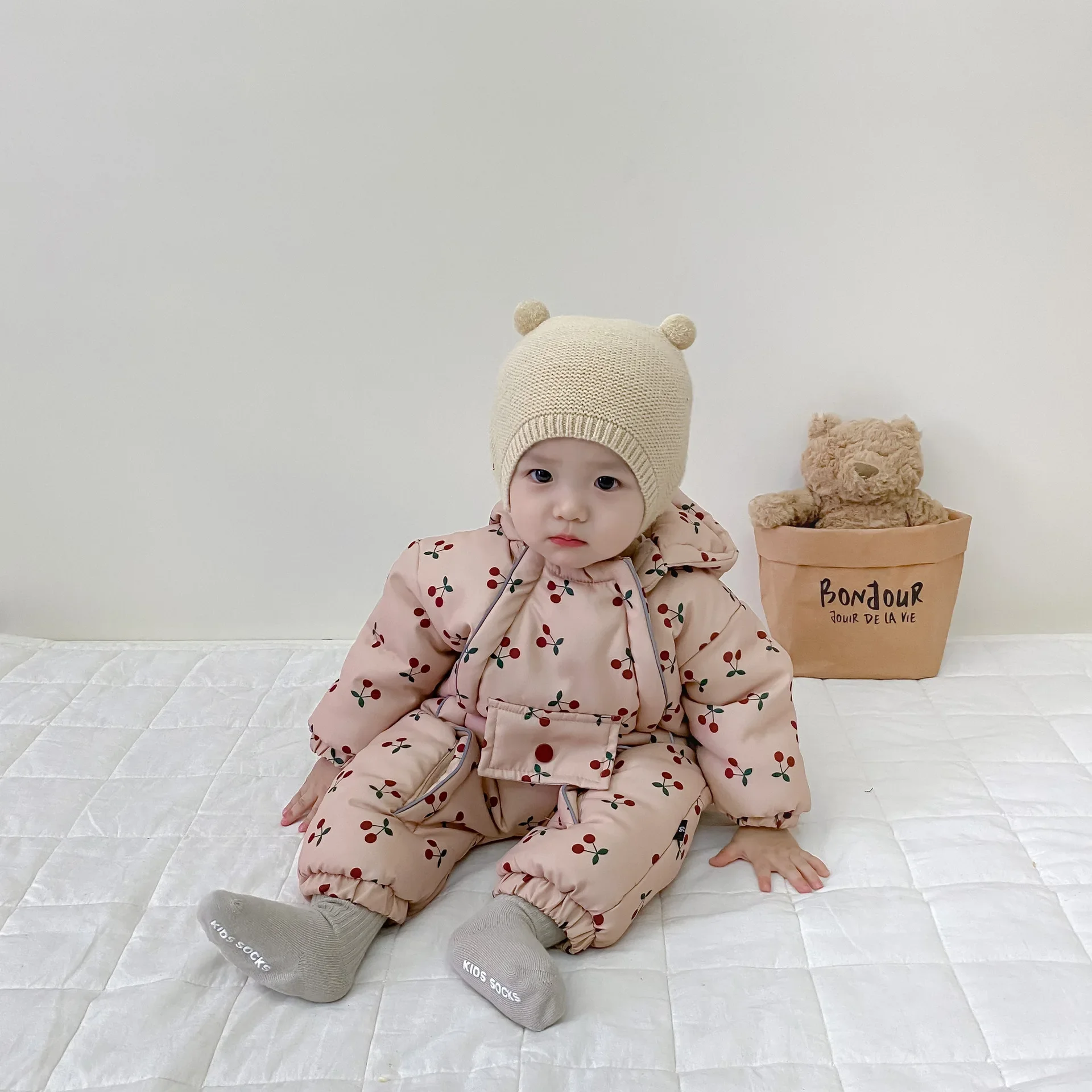 Korean Winter Fashion Baby and Toddler Cotton Thick Rompers New Handsome Cotton Jumpsuit Cotton Hooded Printed Rompers