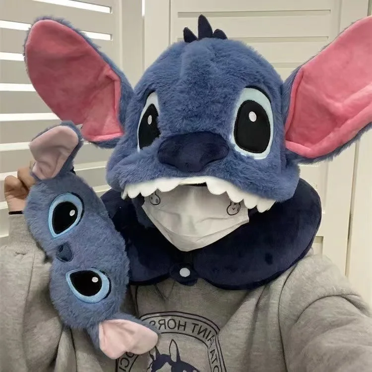 Disney Stitch U-Shaped Hooded Neck Pillow Travel Blackout Nap Pillow Eye Mask Office Comfortable Plush Pillow With Hat Portable