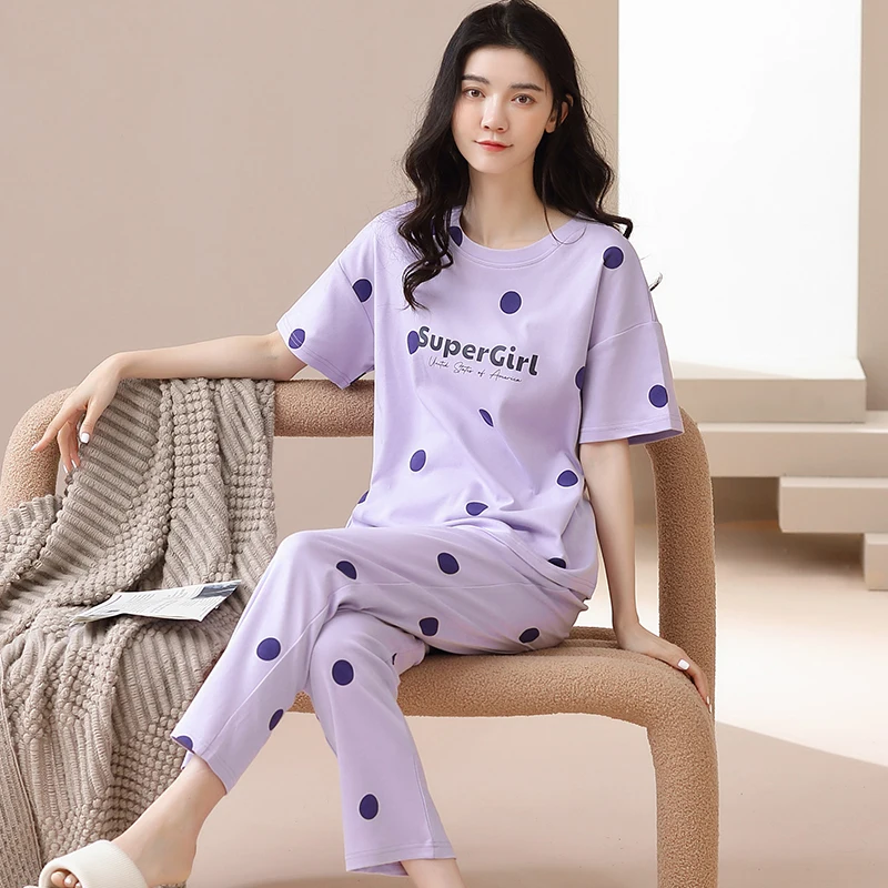 

Summer Women's Thin Pure Cotton Pajamas Round Neck Short Sleeve Pullover Pants Oversized Loose Casual Sweet Home Clothing Set