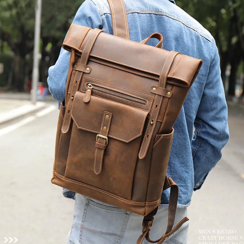 Newsbirds ransel perjalanan tas kulit bergaya Vintage ransel untuk pria ransel komputer 16 inci ransel pria antimaling kulit sapi