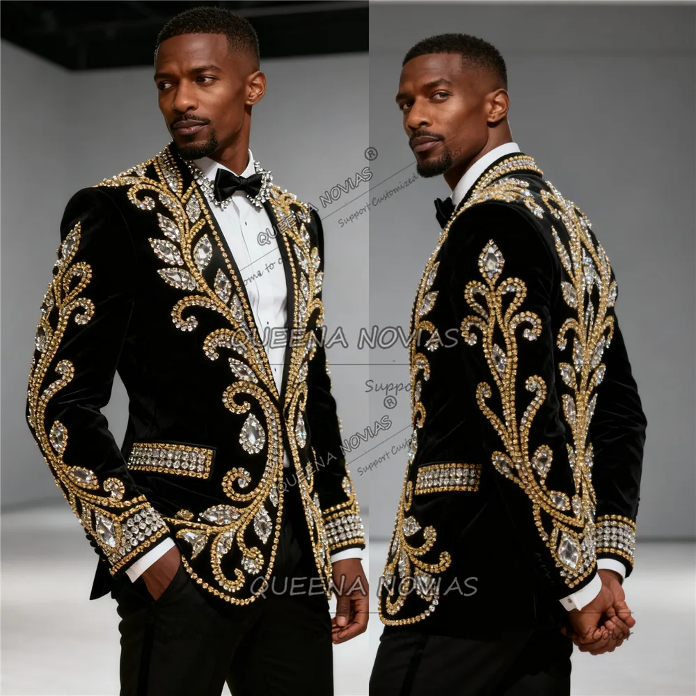 

Glittering Beaded Stones Groom Wedding Tuxedos 2 Pieces Sets Velvet Prom Blazers Customized Man Business Party Suit Ropa Hombre