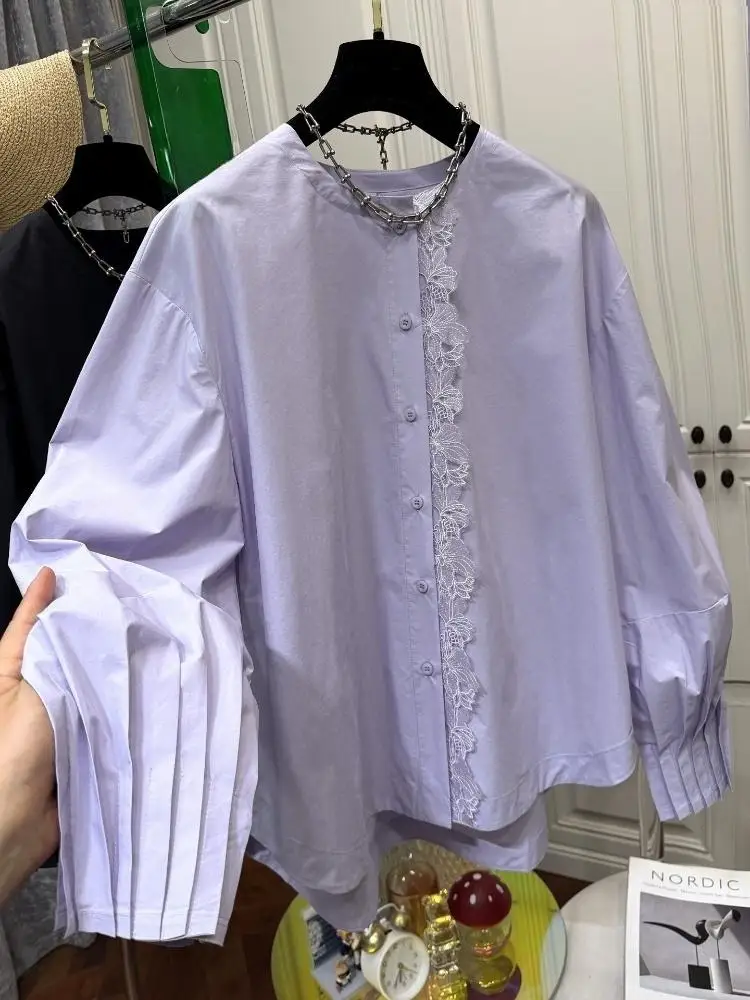 

Lace Lace Placket Round Neck Shirt for Women in The Spring of 2026, New Pleated Lantern Sleeves Shirt, Casual Shirt Top