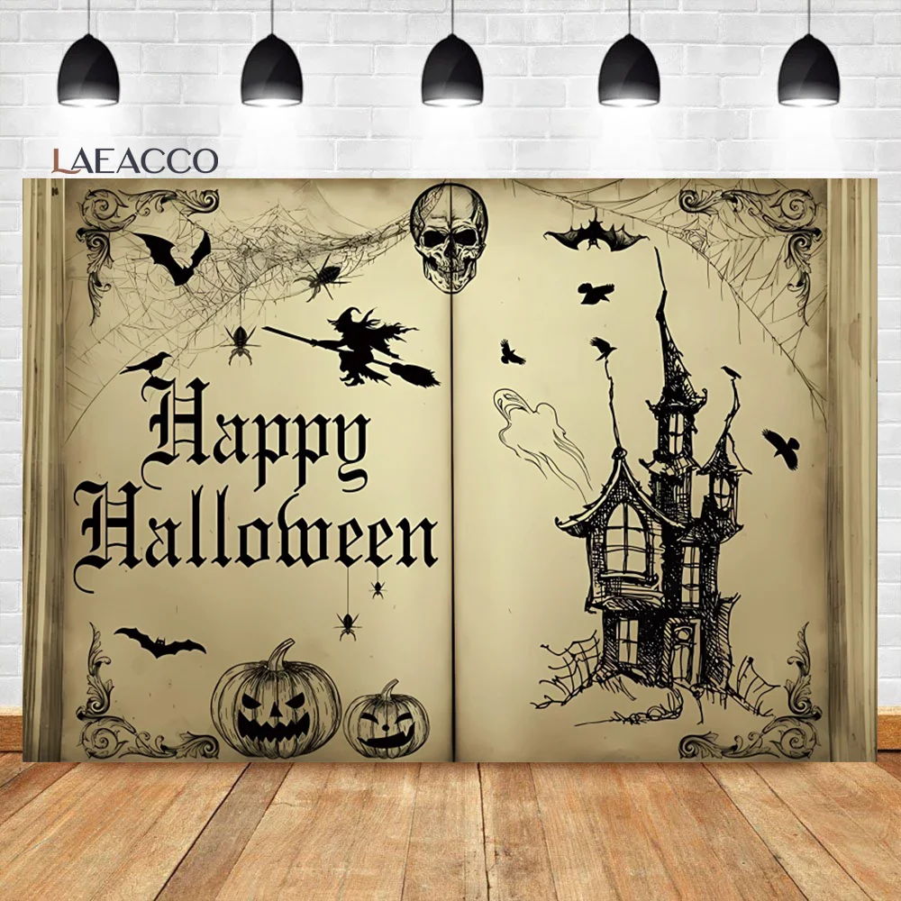 

Laeacco Halloween Witch Magic Books Theme Background Haunted House Horrible Skull Kids Birthday Portrait Photography Backdrop