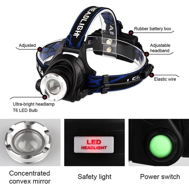 Dropshipping LED Head light Led Headlamp V6/L2 Zoom Headlight Torch Flashlight Head lamp 2*18650 battery by Fishing lanterna