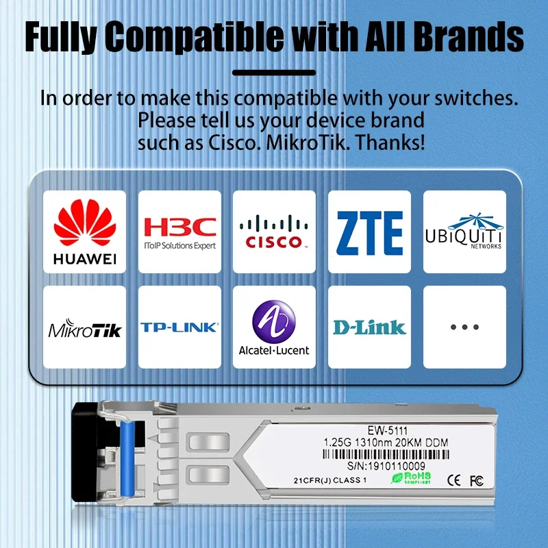Módulo de fibra óptica, 10G SFP + LC, único, 10km, 1310nm, compatível com INTEL, Cisco, Mikrotik, Huawei, Extreme Switch