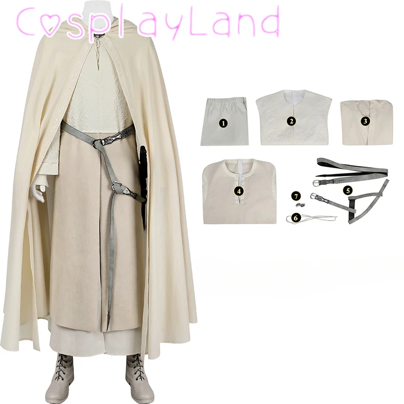 White Gandalf Cosplay Costume Men Suit Robe Costumes and Wig Boots Custom Size Halloween Costume Ring Fellowship Gandalf Outfit