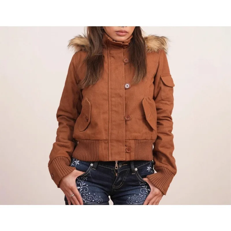 

Винтажная коричневая короткая куртка с капюшоном, женская куртка с длинными рукавами, тонкий съемный меховой воротник, новинка 2025 года, зима-осень, женская верхняя одежда