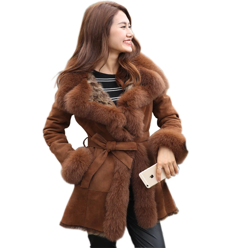 2021 Winter Ladies' Genuine Natural double face Fur Coat Jacket with fox Fur collar Women long Fur Outerwear Coats Jacket