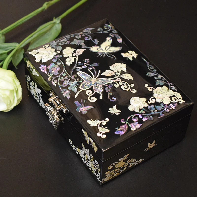 

Asian Lacquer With Abalone Shell Inlaid Women Wooden Jewelry Trinket Keepsake Treasure Gift Girls Ring Box Chest Case Organizer