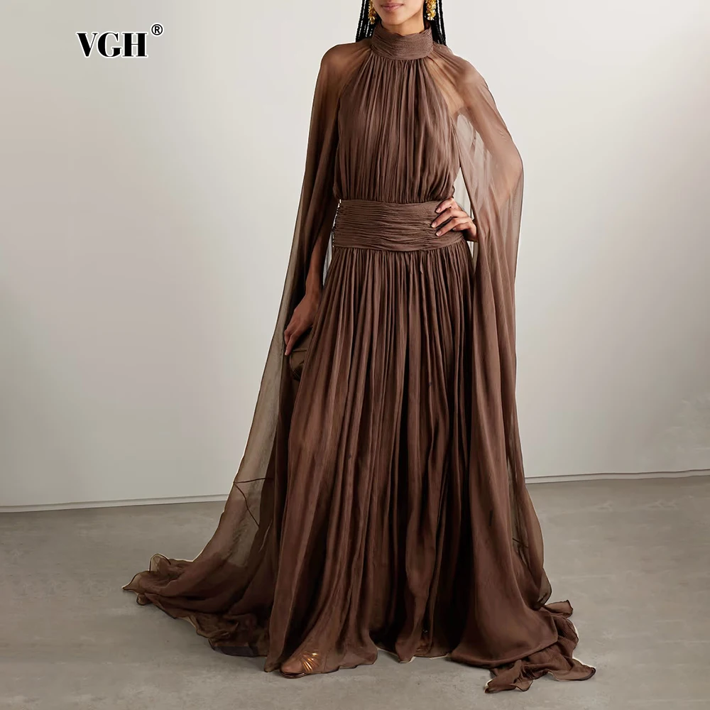 

VGH Solid Spliced Metal Pin Evening Floor Length Dresses for Women Stand Collar Long Sleeve High Waist Temperament Dress Female