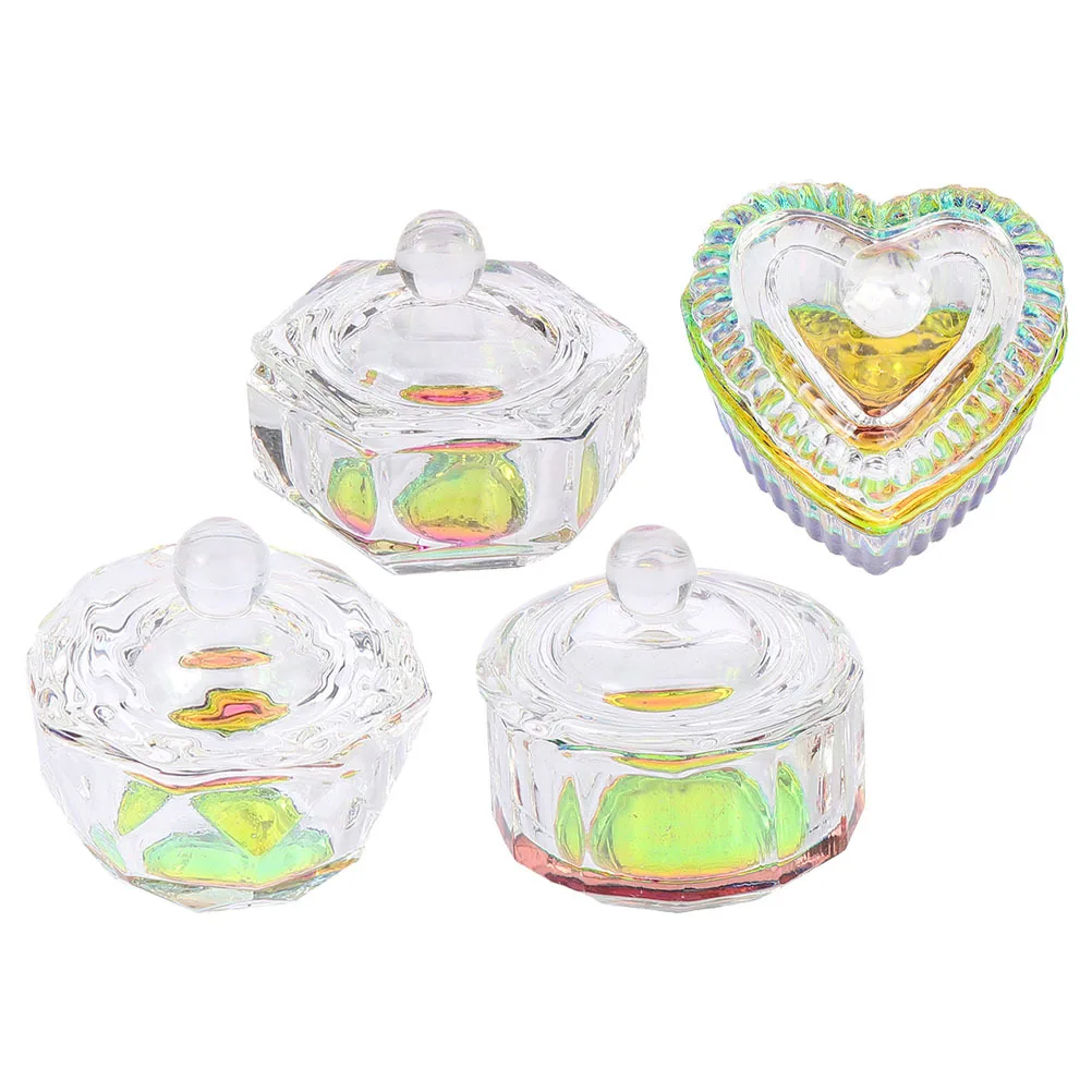 Copo de cristal para arte em unhas, 4 unidades, design elegante, durável, recarregável, recipiente de vidro, acrílico, pó líquido, ferramenta de mistura, presente feminino