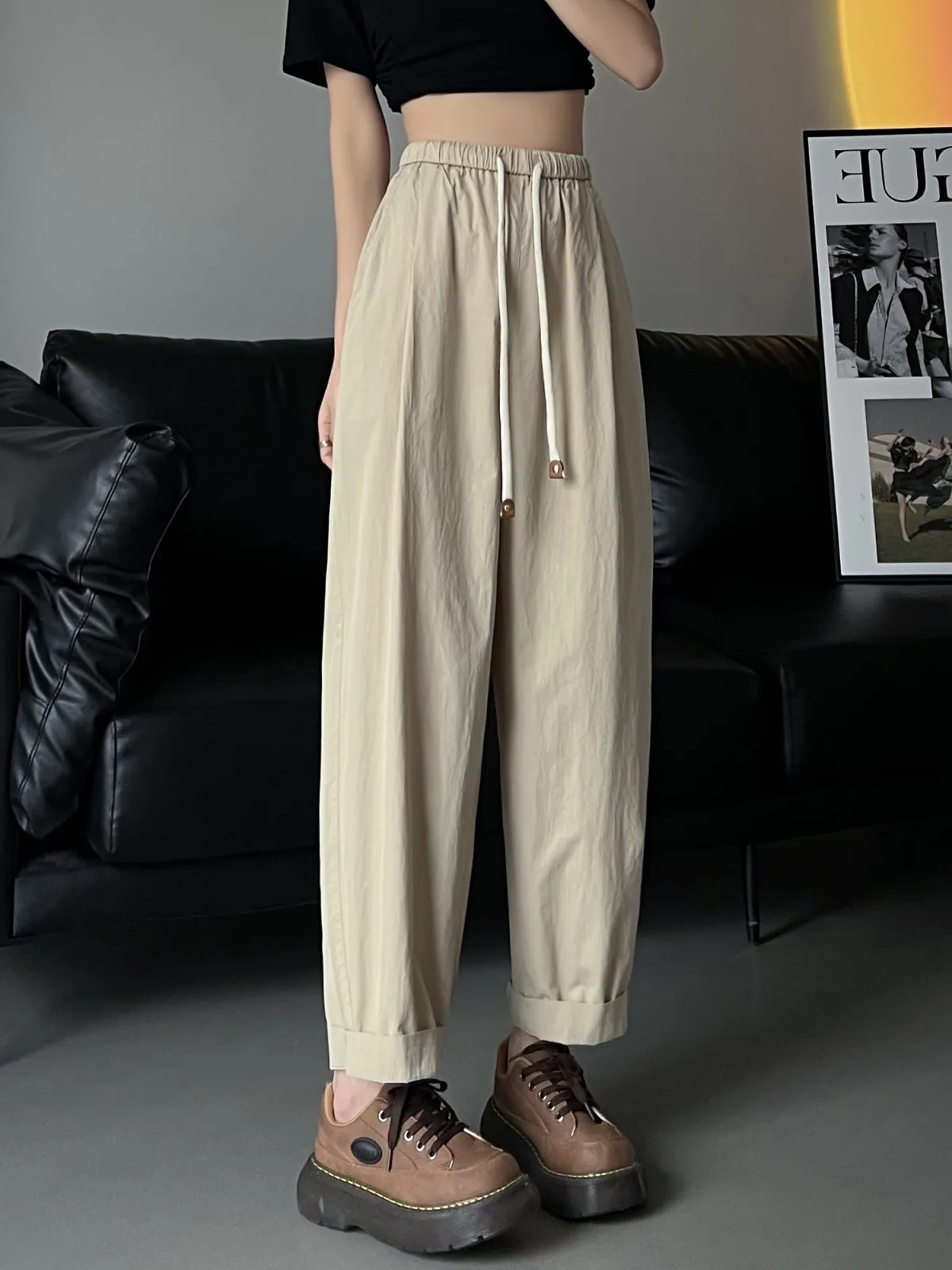 ZHISILAO New Straight Pants Women Casual Cotton Elastic Waist Ankle-Length Trousers Summer 2023 Korean Style