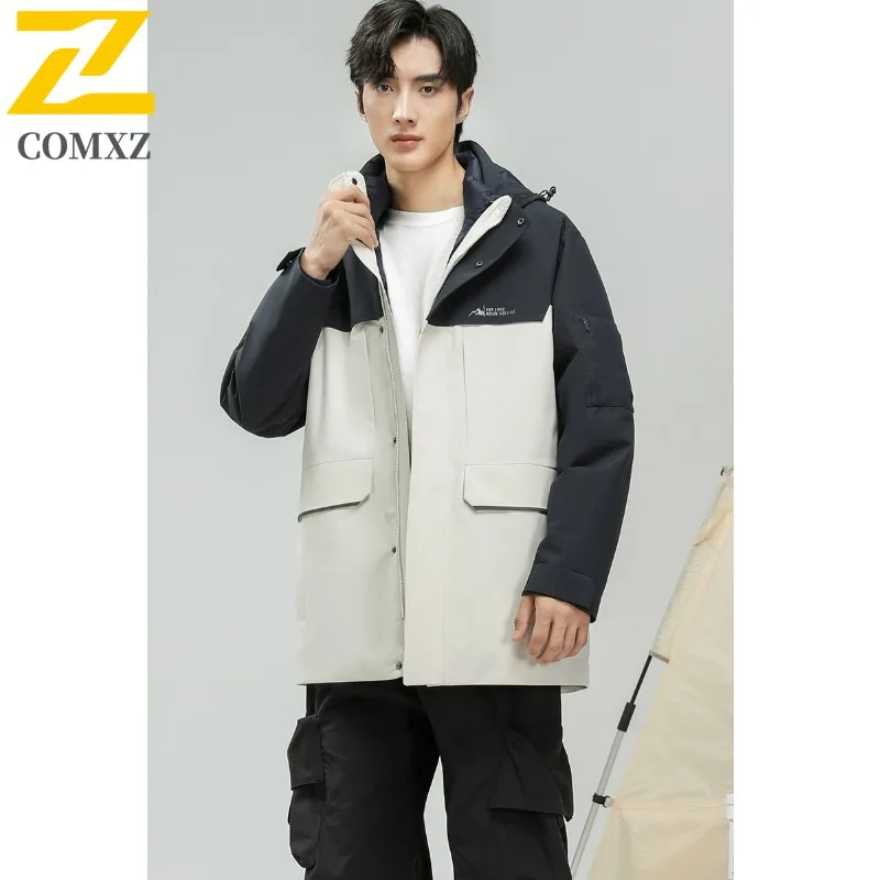 COMXZ Men Down Jacket Classic Solid Color Detachable Hood Warm High Quality Skiing Puffer Jacket Travel Windproof Winter Jacket