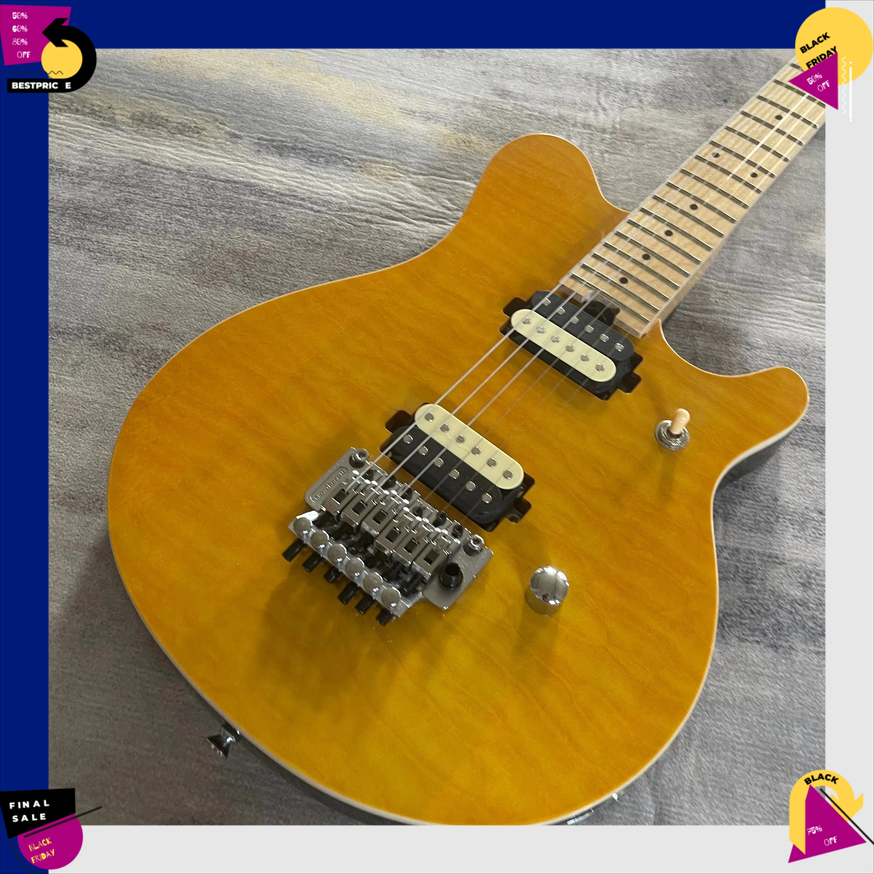 New Yellow Wooden Double Shake EVH Shaped Electric Guitar with Poplar Body and Maple Neck HH Pickup Free Shipping Gift
