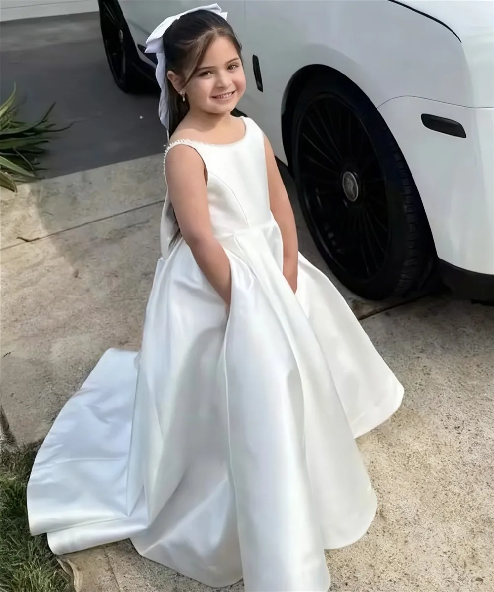 فستان زفاف أنيق مخصص لفتاة الزهور من الساتان بدون أكمام مع فيونكة للأطفال فستان حفلات التواصل الأول #3