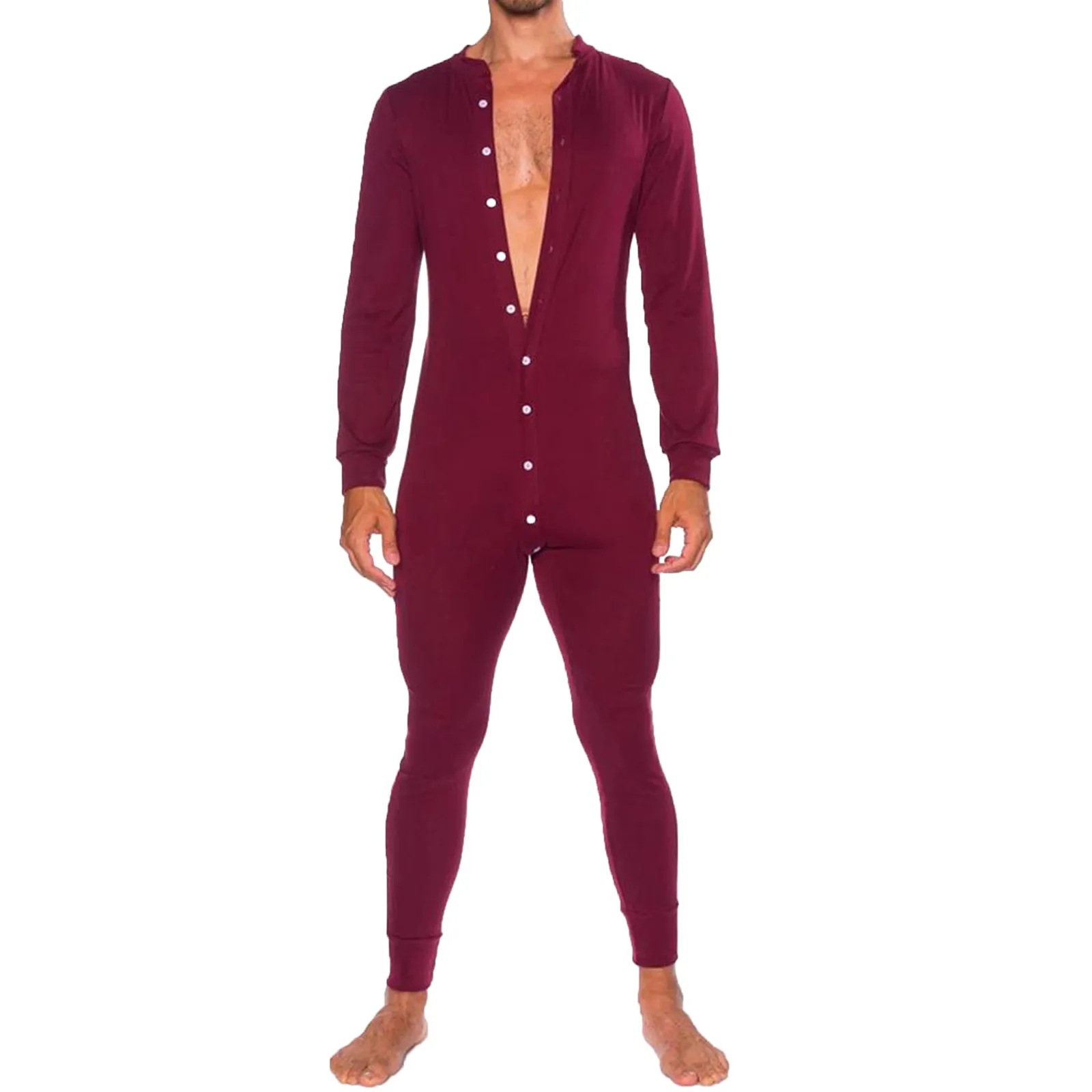 Barboteuse pyjama à boutonnage simple pour hommes, vêtements de nuit à manches longues pour hommes, vêtements de maison monochromes, costume de