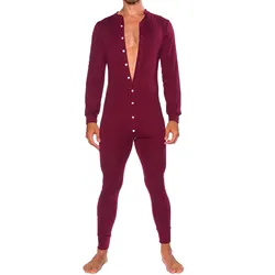 Bodysuit de botão single-breasted masculino, macacão, pijama, casual, manga comprida, bodycon, pijamas, monocromático, roupa de casa, outono