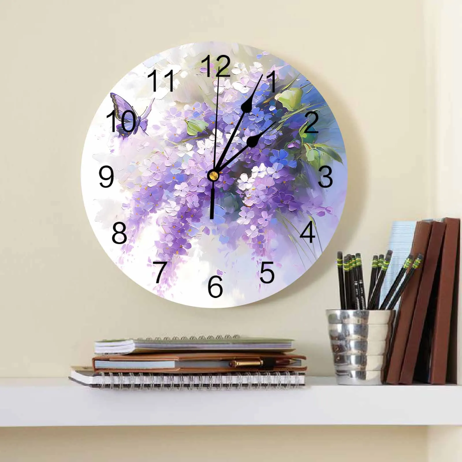 Oil Painting Purple Lavender Butterfly Printed Wall Clock Modern Silent Clock Living Room Home Decor Wall Hanging Watch