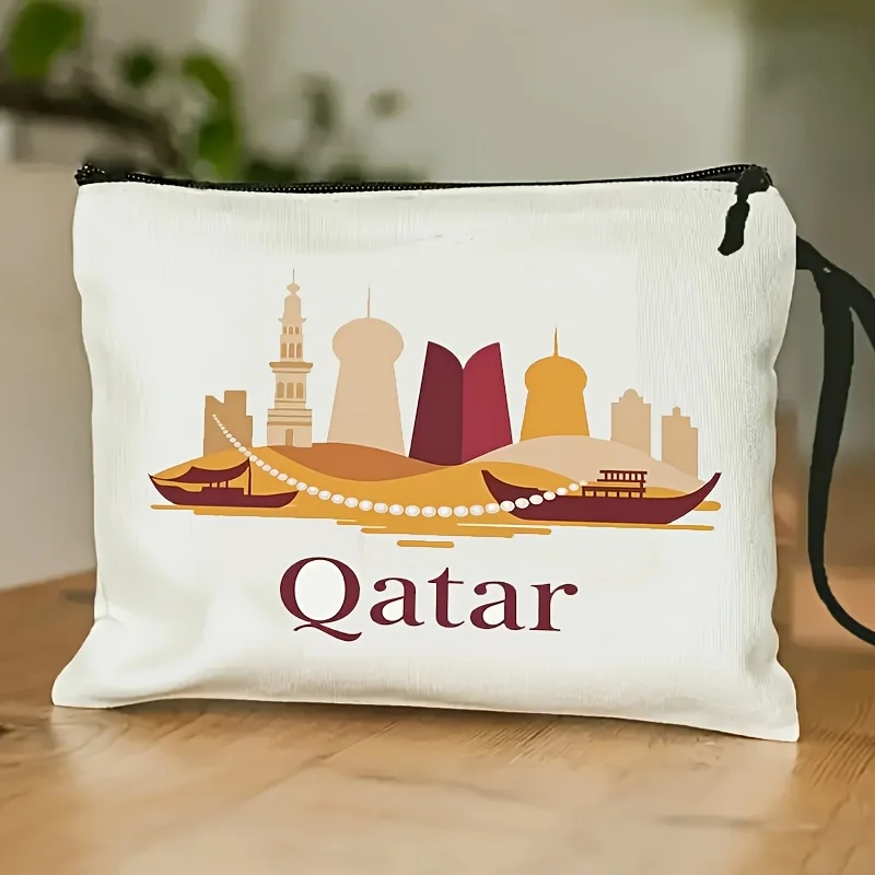 

Qatar Landmarks Printed Design Makeup Bag with band - Lightweight & Portable Organizer with Doha Cityscape Design Dome & P