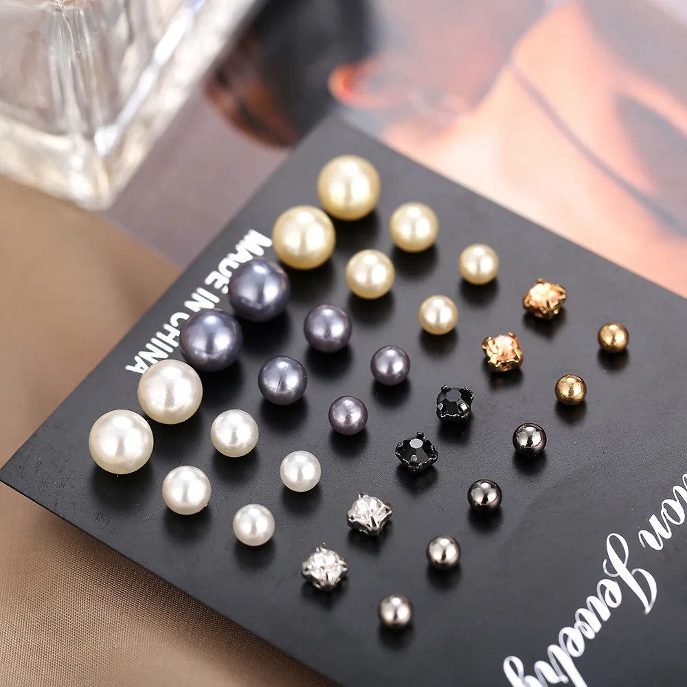 New Earrings Fashion Simple Artificial Pearl Jewelry Embedded Rhinestone Earrings Set 15 Pairs Of Earrings Female E7112