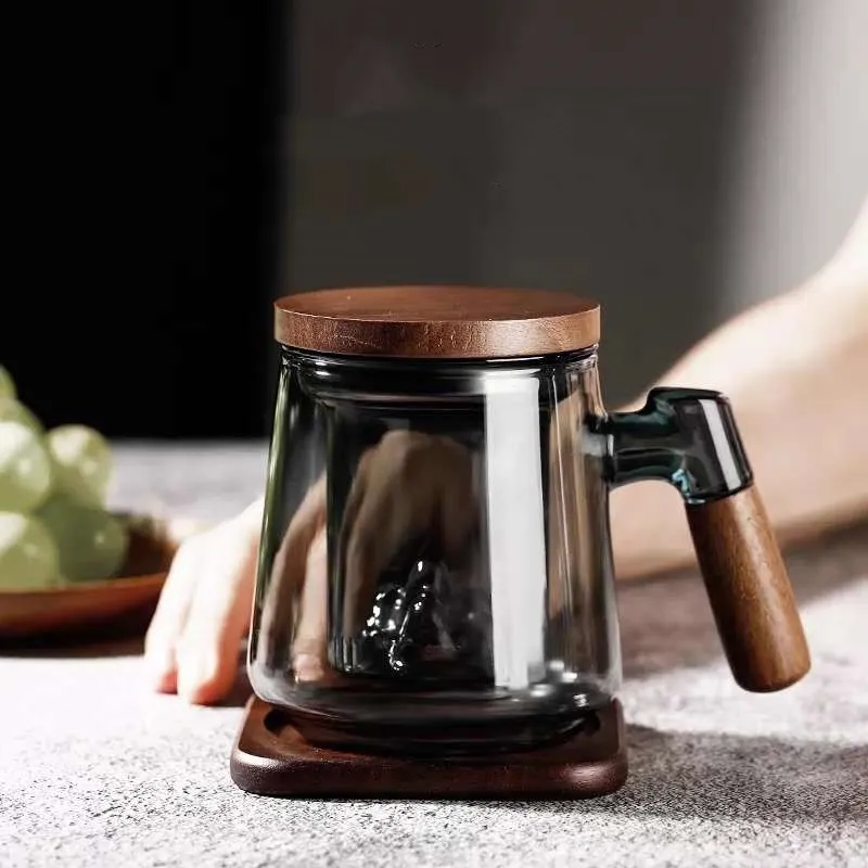 Glass Mug with Tea Strainer and Lid Tea Filter Wood Handle Mini Teapot Vintage Flower Tea Japanese Coffee Cup Gift for Men