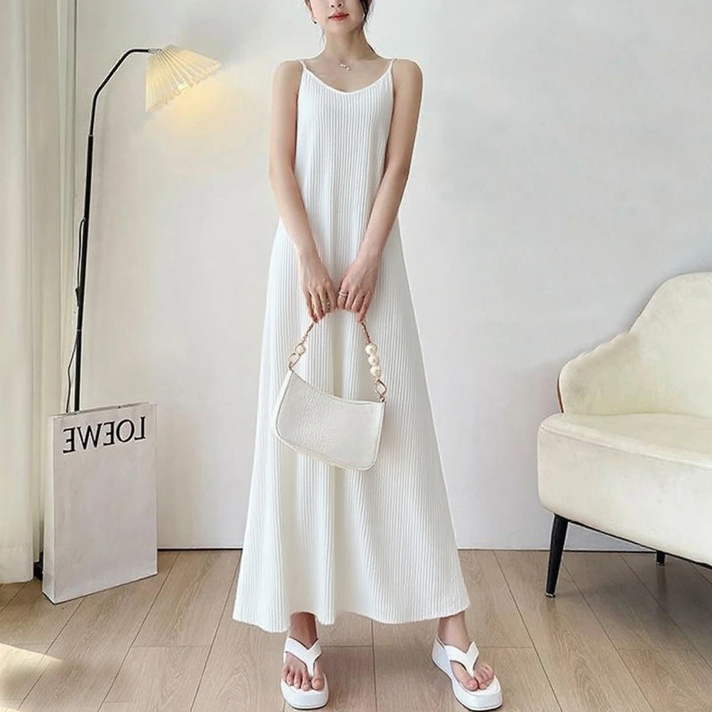 

Pleated Elastic Spaghetti Strap Long Dress Women Elegant Evening Knit Dresses Sleeveless A-Line Straight Beach Holiday Dress