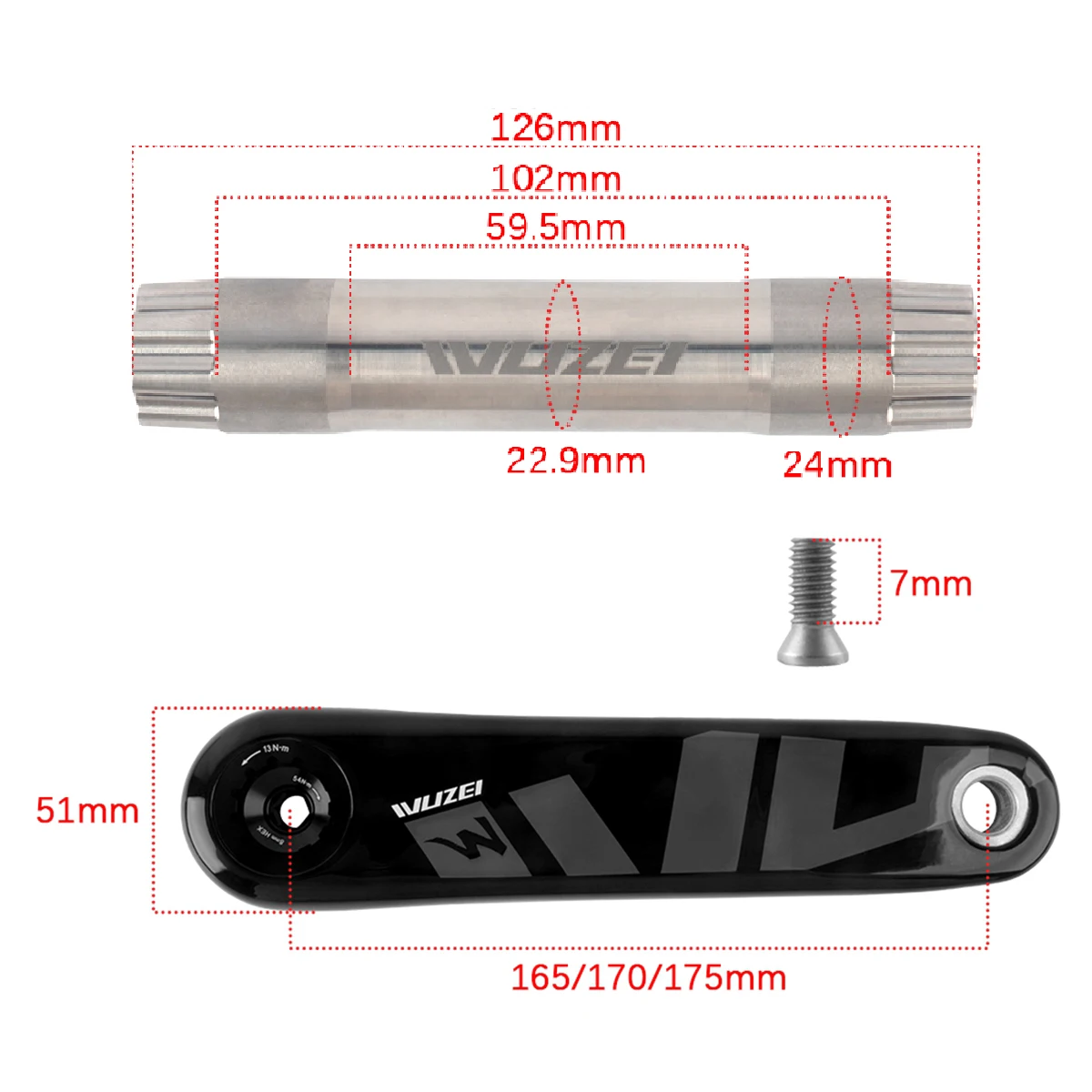 WUZEI MTB Carbonfaser-Kurbelgarnitur 165 170 175mm Mountainbike-Kurbelsatz 24mm Ti AL-7075 Achse 3-Loch Fahrradkurbel für Shimano – Detail 4